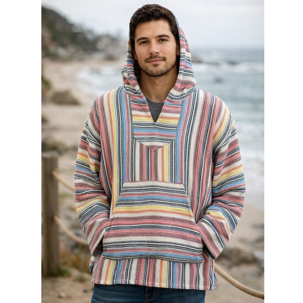 Earth Ragz Baja Hoodie Mens 2XL Multicolor Striped Mexican Jerga Pullover Jacket